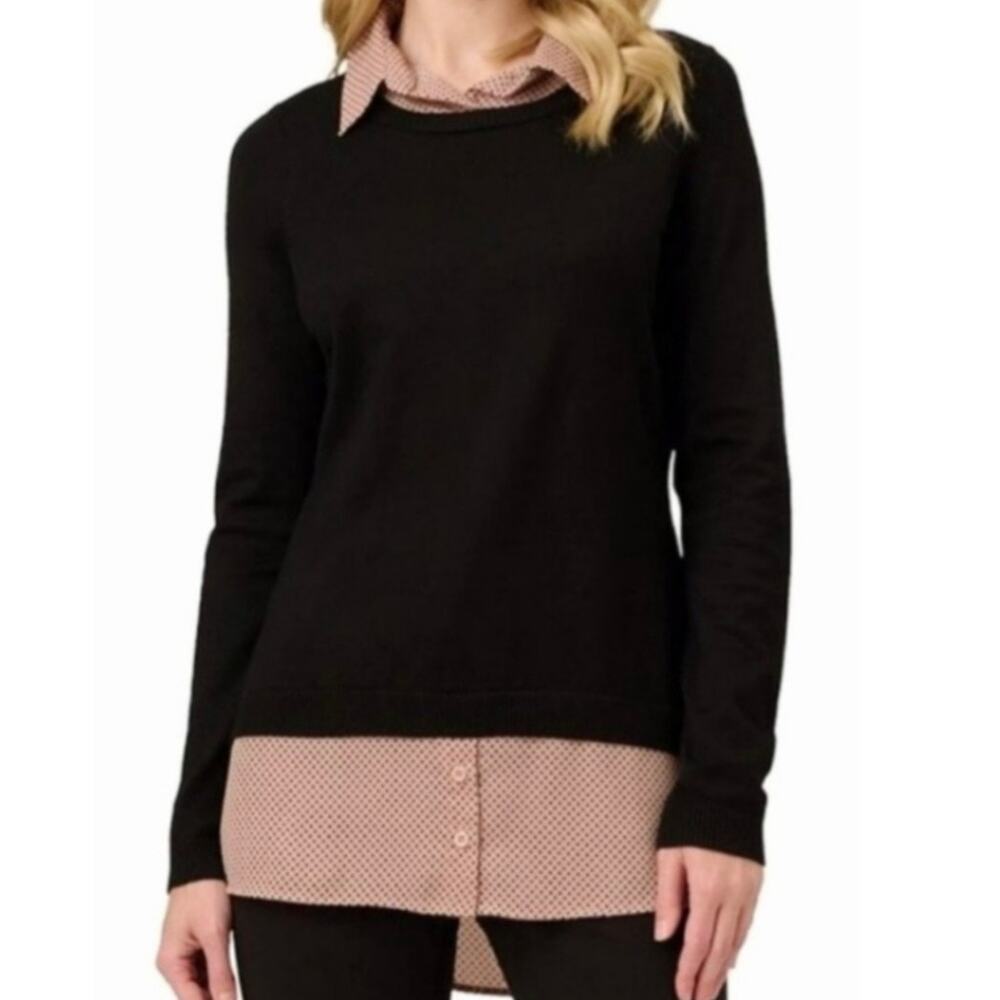 Adrianna Papell Pink Clip Dot Ruffle Neck Polka Dot Twofer Layered Sweater Small - Picture 2 of 8